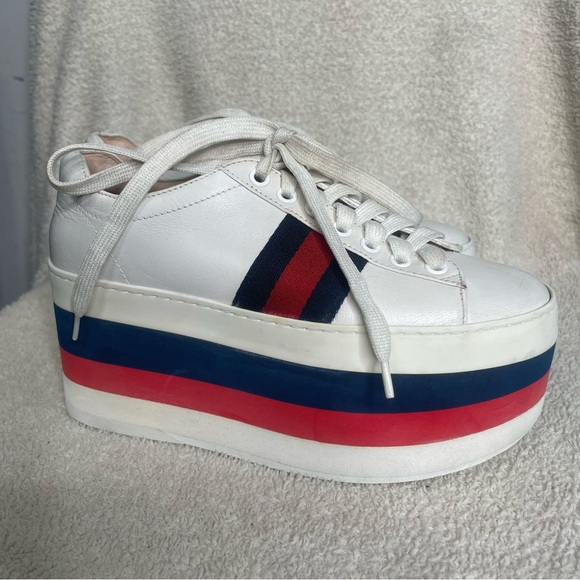 Gucci Womens Leather Peggy Signature Stripe Platform Sneakers White Size 34 4 - Picture 1 of 13